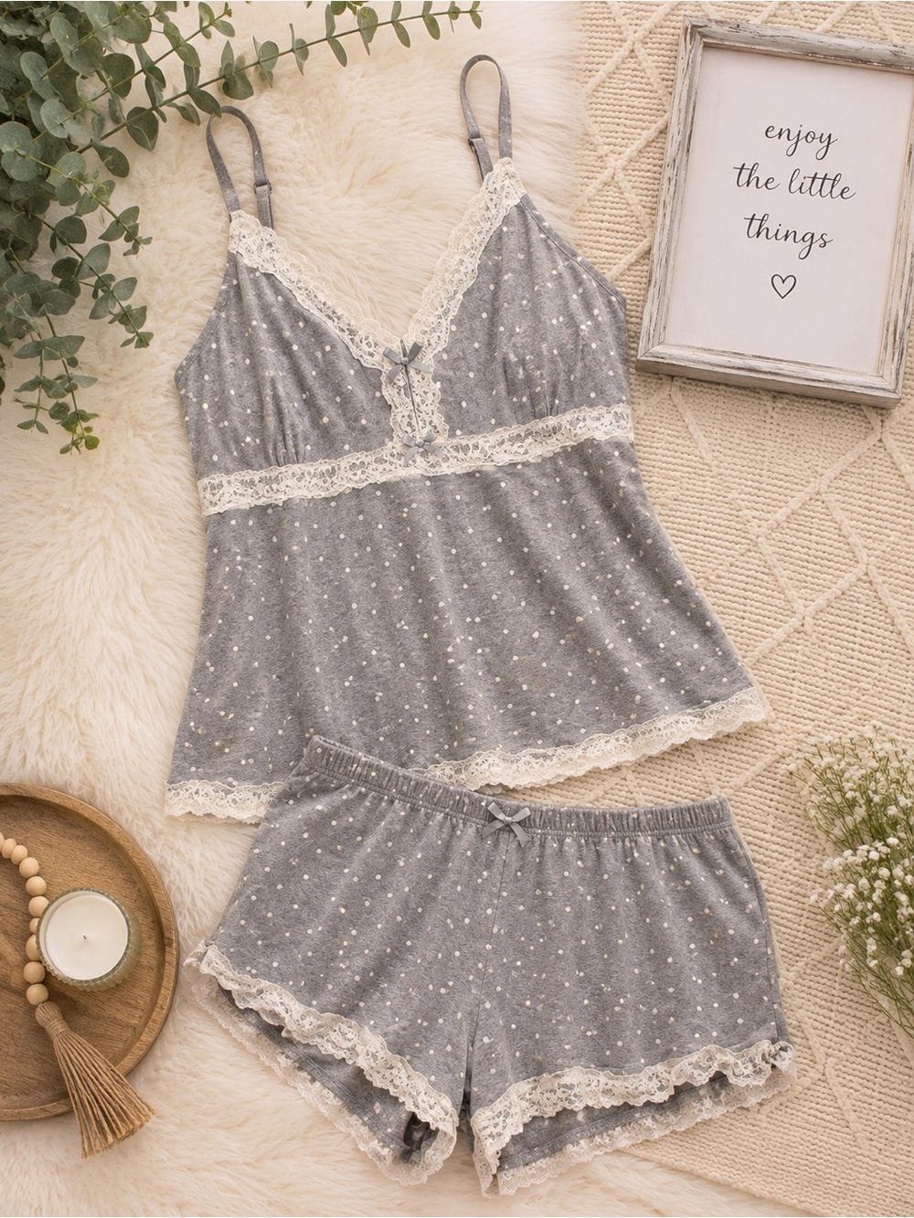 Jessica Simpson Grey Polka Dot Lace-Trim Cami & Shorts Sleep Set